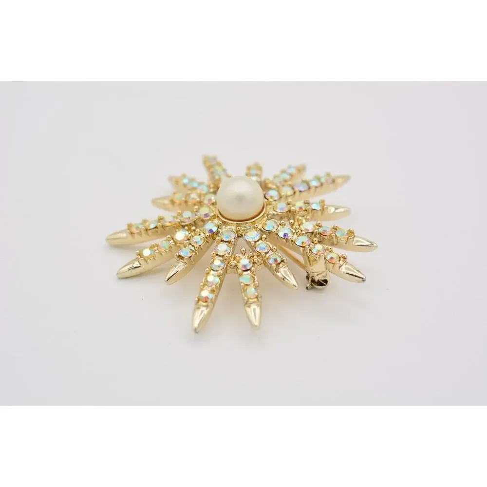 Vintage Crystal Star Pin Brooch Aurora Borealis Rhinestone Gold Tone 1980s BinAT